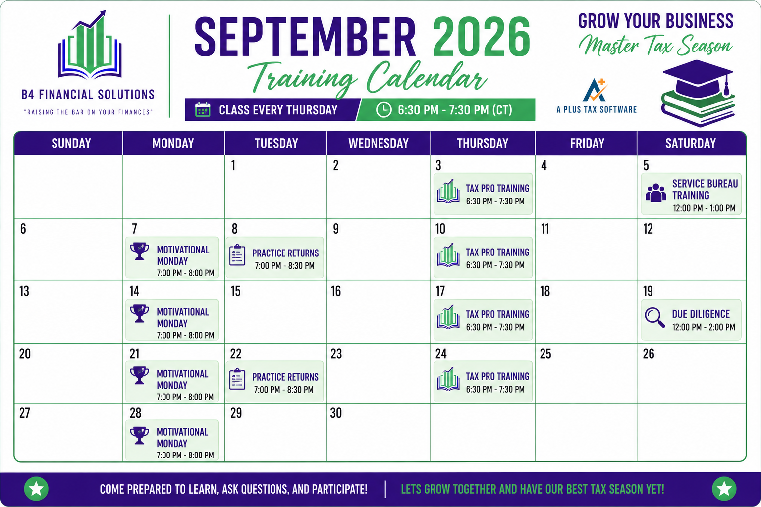 September 2026 B4 Financial Solutions training calendar showing Thursday Tax Pro Training classes at 6:30 PM CT