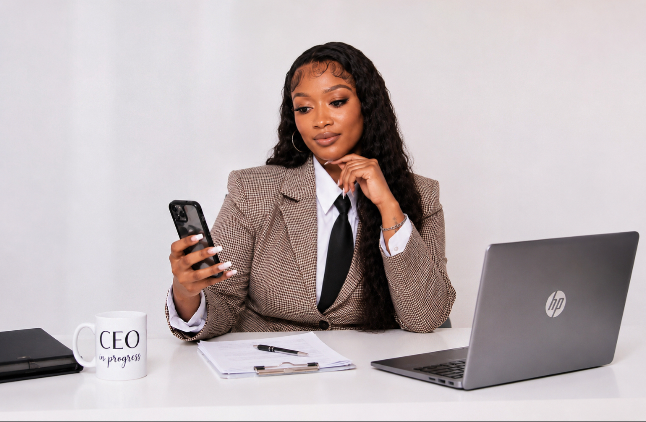 Brianna McCalister working at her desk with laptop and CEO in progress mug